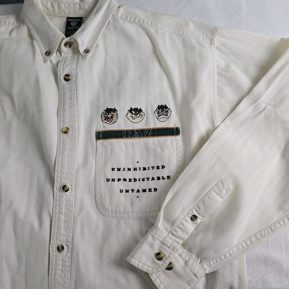 Warner Bros Tasmanian Devil Ivory Button Down Shirt‎ Large VTG Taz Looney Tunes